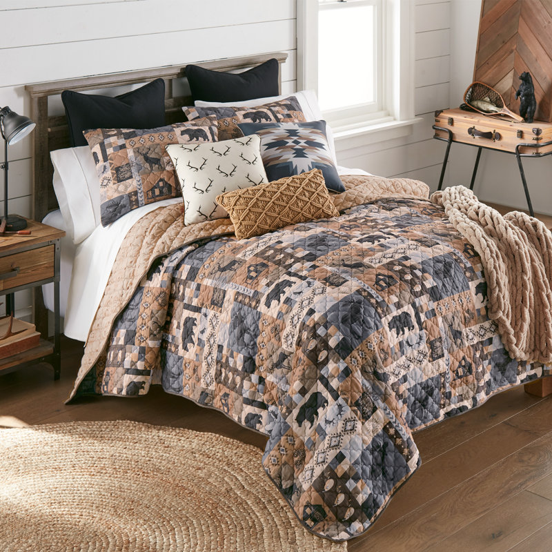 Blue and Brown Microfiber Queen Reversible Quilt Set