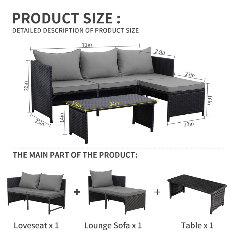 Othoson 4 - Person Outdoor Wicker Patio Conversation Furniture Set with Table and Cushion, Grey