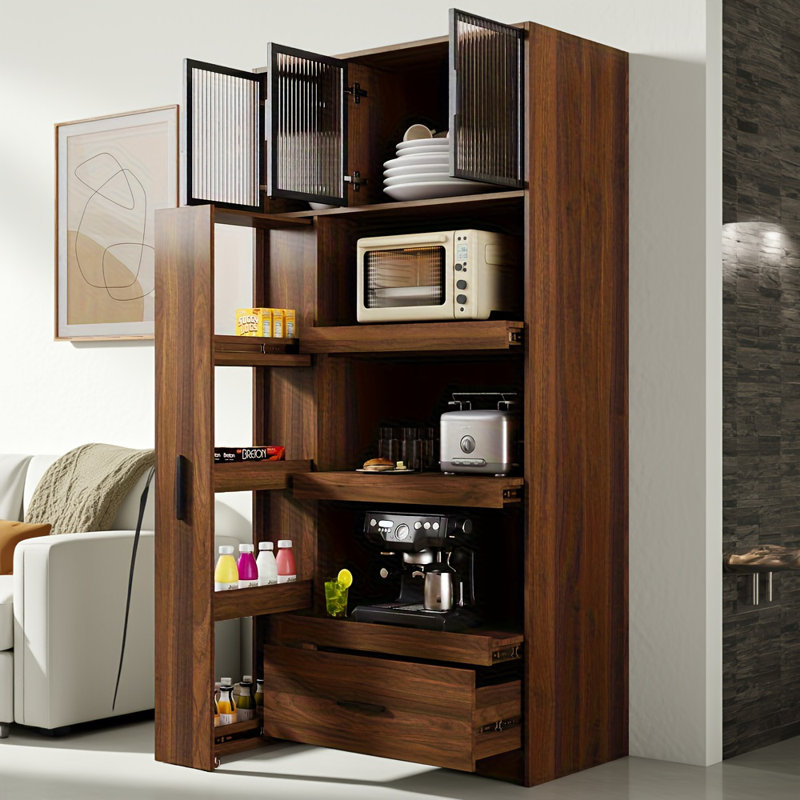Armoire de cuisine 70,87 "multifonctionnelle avec tablette coulissante, porte en verre et tiroir en aluminium - Huche de rangement autoportante avec four à micro-ondes pour la cuisine, la salle à manger ou le bar
