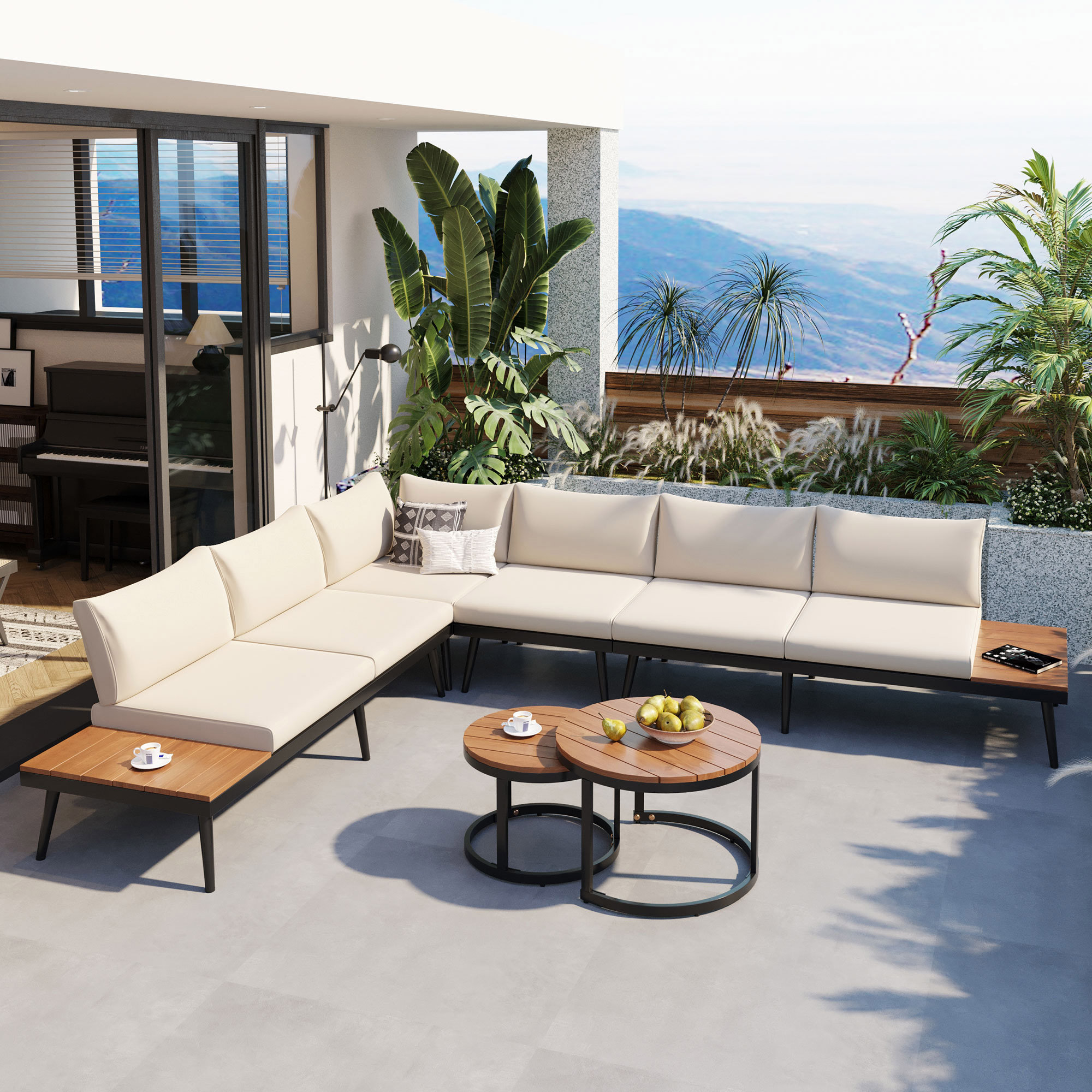 George Oliver 6-Piece Outdoor Sectional Sofa Set With Round Nesting ...