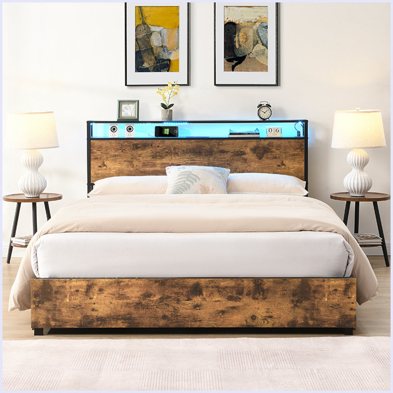 Bed Frame, Storage Headboard With Charging Station, Solid And Stable, Full, Brown