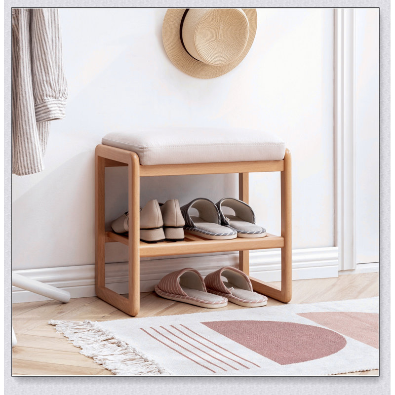 Banc à chaussures en bois massif naturel avec coussin éponge à rebond élevé, idéal pour le rangement dans l'entrée et les sièges confortables.