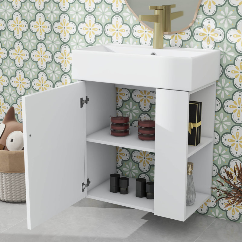 Meuble-lavabo flottant moderne de 21,6 po avec lavabo en céramique, pour espace restreint, rangement à droite, porte à motif de vagues