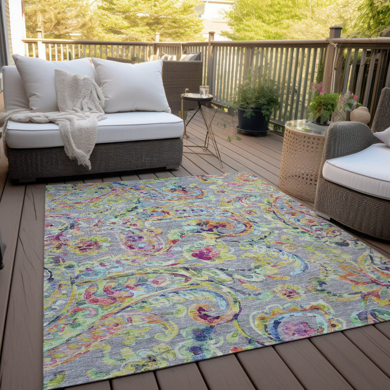 Tapis rose / gris / vert en polyester tissé à la machine Malave, Rectangle 5 pi x 7 pi 6 po
