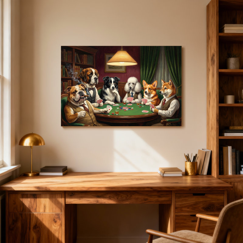 Animaux, chiens, jouer au poker dans une bibliothèque, H 12 po x l 18 po