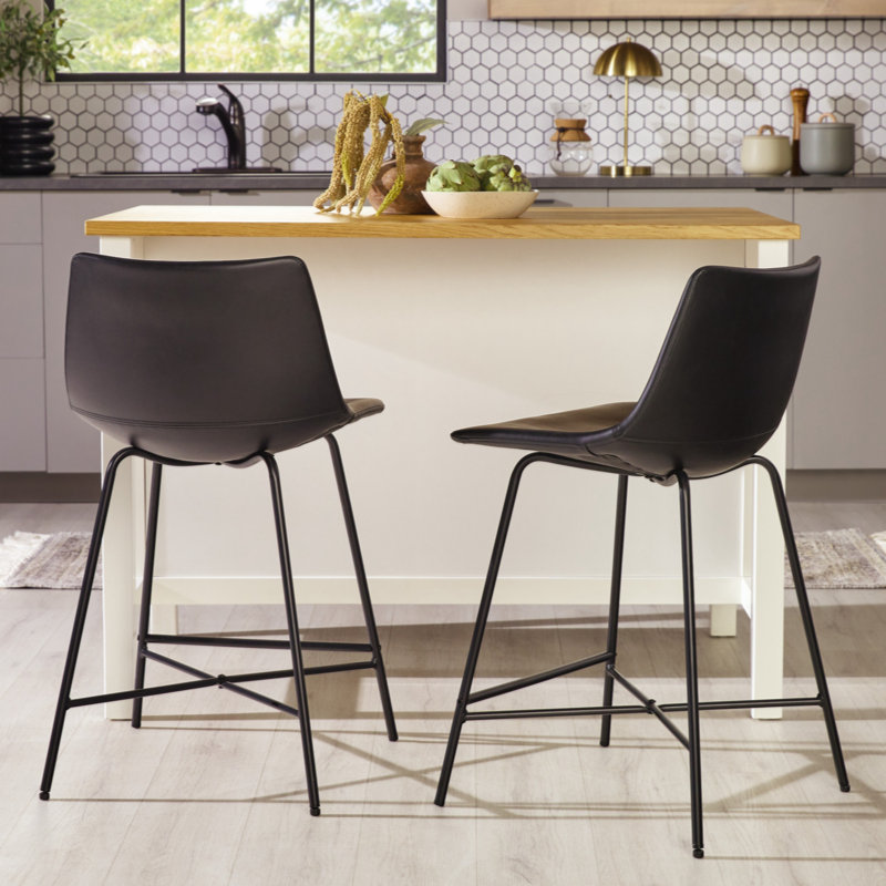 Black Faux Leather Adjustable Counter Stools with Metal Frame, Set of 2