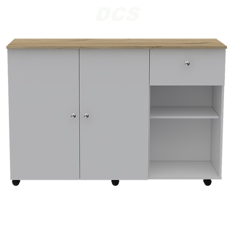 Charriot pour îlot de cuisine Victoria, quatre tablettes intérieures, six charriots, un tiroir, armoire à deux portes - chêne blanc / clair, îlot de cuisine