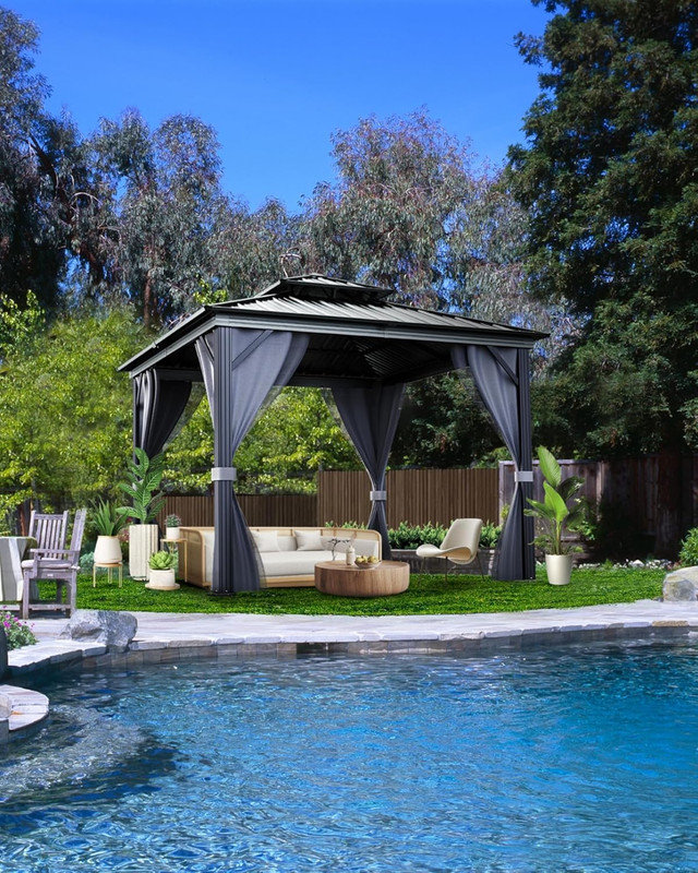 Pavillon de jardin à toit rigide avec double toit en métal, structure en aluminium et filet pour une utilisation extérieure toutes saisons