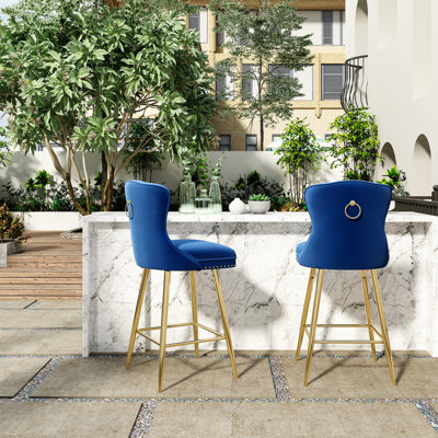 Bar Stools Set Of 2, Velvet Counter Height Bar Stools With Metal Legs, Button Tufted And Nailheads Trim, Wing-Back Bar Chairs For Kitchen Island Dinin