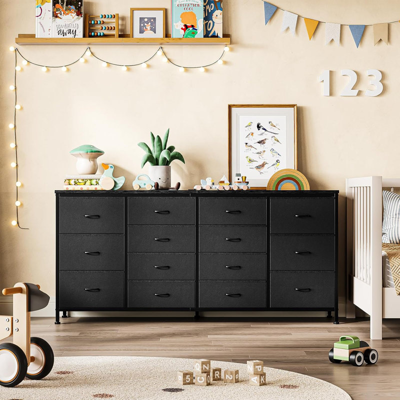 63" W Drawer Dresser, Chest Of Drawers, 14 Drawer For Bedroom With Power Outlets, Black