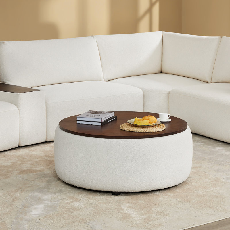 38" Wide Round Storage Ottoman, Cream
