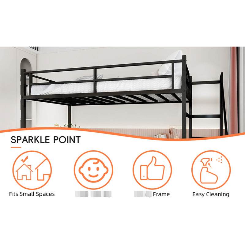 Lit mezzanine simple en fer noir avec embout, escalier, bureau en forme de L et plusieurs espaces de rangement pour la chambre à coucher