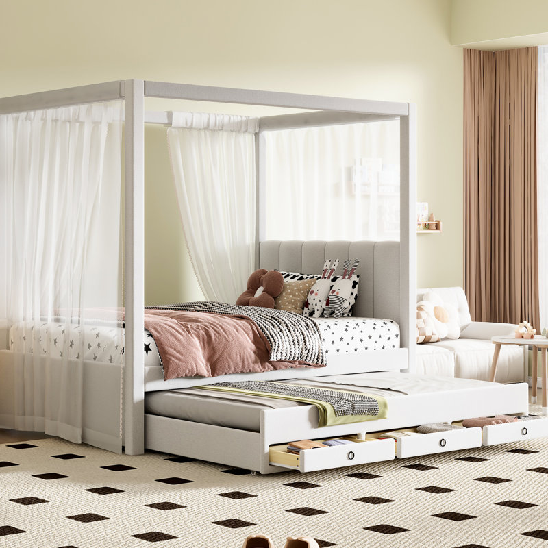 Lit plateforme simple beige avec auvent, lit gigogne et trois espaces de rangement, Lit simple