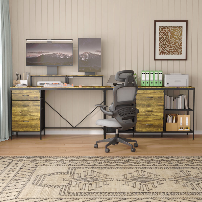 114 Inch L-Shaped Desk With Power Outlets & Usb-C, Industrial Computer Desk With 6 Fabric Drawers, 3 Open Shelves & Movable Monitor Stands, Large Corner Office Desk For Gaming, Rustic Brown