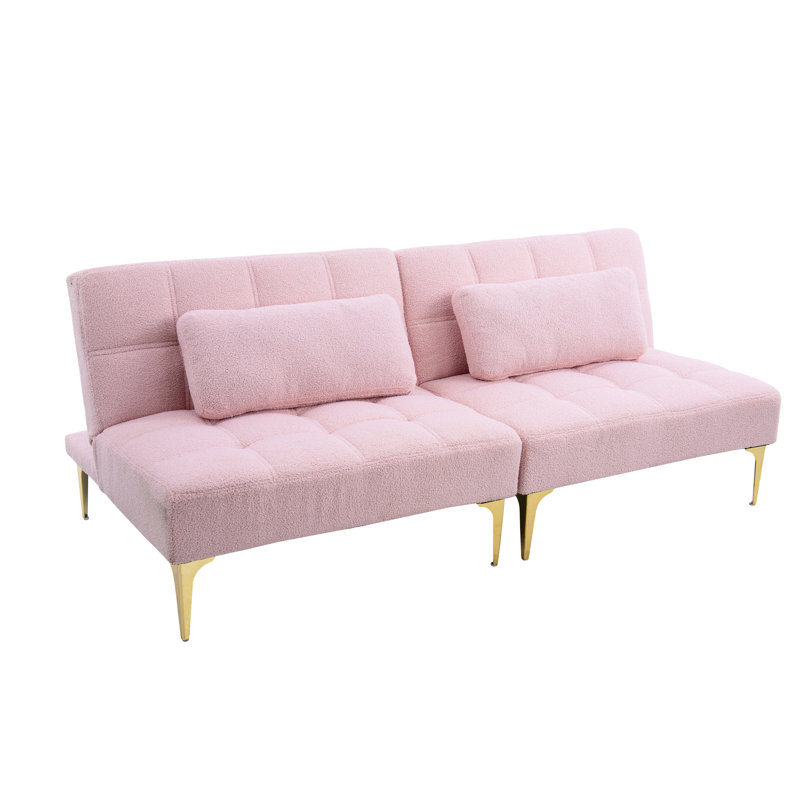 Futon convertible 71 po avec tissu doux rose et pieds dorés métalliques - Lit polyvalent en métal confortable