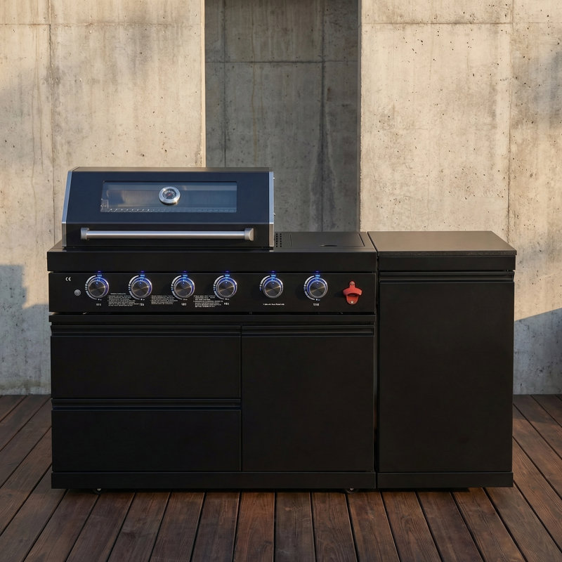 Îlot de cuisine extérieur de luxe Reef 65,4 "avec 4 brûleurs au propane 72 000 BTU, brûleur latéral rond, armoires et tiroirs