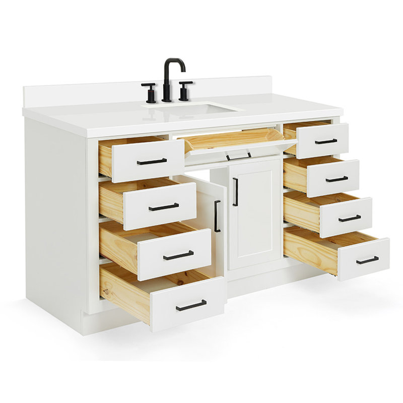 Tidworth Solid Wood Single Bathroom Vanity with 1.5'' White Quartz Top, White, Rectangular