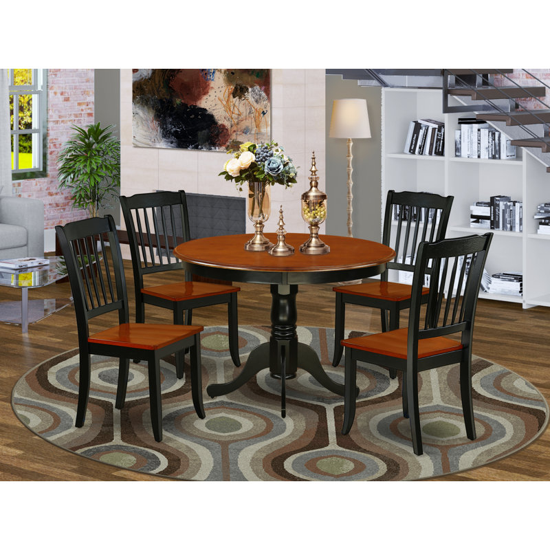 L'ensemble 5 pièces de table et chaises de cuisine comprend une table de salle à manger ronde avec piédestal et 4 chaises, noir et cerise