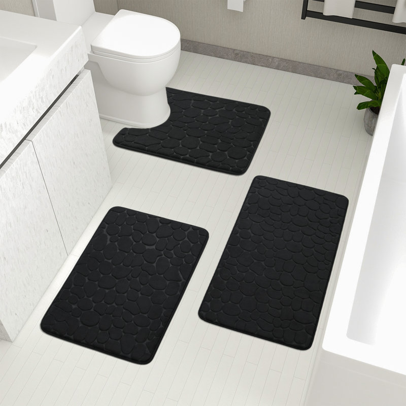 Ensemble de tapis de bain en mousse viscoélastique 3 pièces avec envers antidérapant et haute capacité d'absorption, Noir