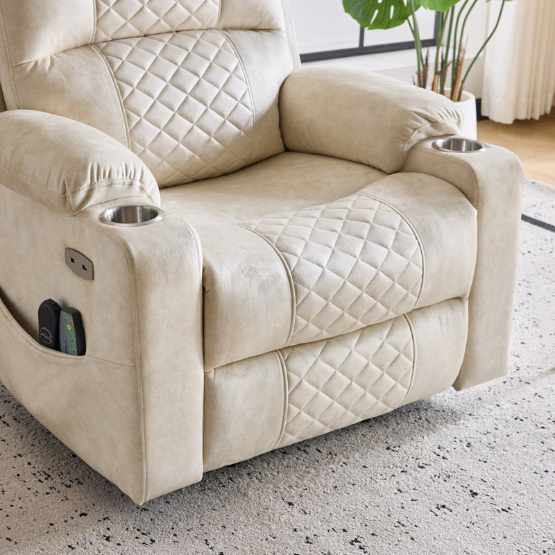 Oversized Power Lift Recliner Chair Printed Velvet Massage Chair With Cup Holders,And Usb And Type-C Ports, Creamy White