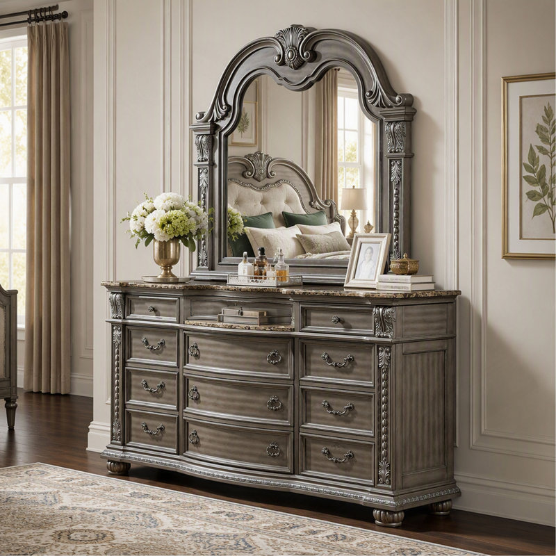 Commode à 11 tiroirs au fini gris avec miroir, design sculpté et plateau en marbre avec bordure argentée pour la chambre à coucher