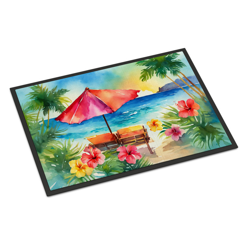 Hawaii Hawaiian Hibiscus in Watercolor Doormat, L 18 po x L 27 po