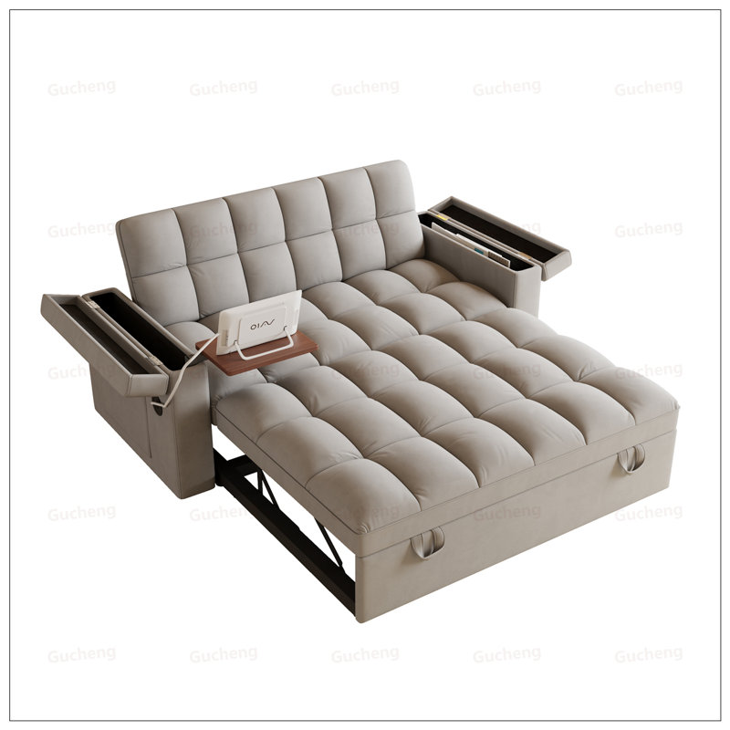 Canapé-lit 3-en-1 pliable de grande taille avec table, USB et accoudoirs de rangement, dossier réglable pour le salon