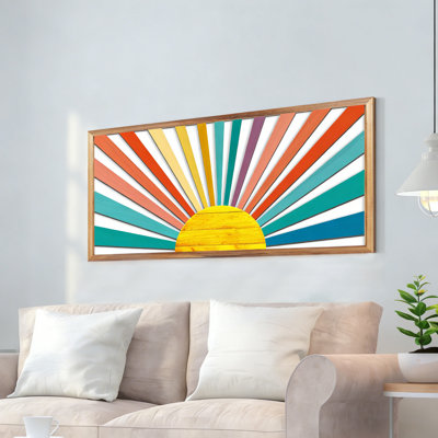 Grand art mural Boho Sun, art encadré en bois avec arc-en-ciel levant, art mural ligne géométrique soleil pour le salon, la chambre à coucher et le bureau 16 x 32 pouces