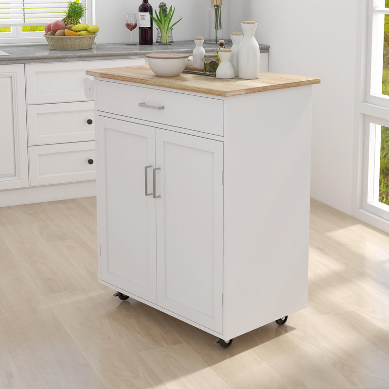 Îlot de cuisine avec chariot à roulettes avec tablettes réglables et plateau à serviettes en bois d'hévéa