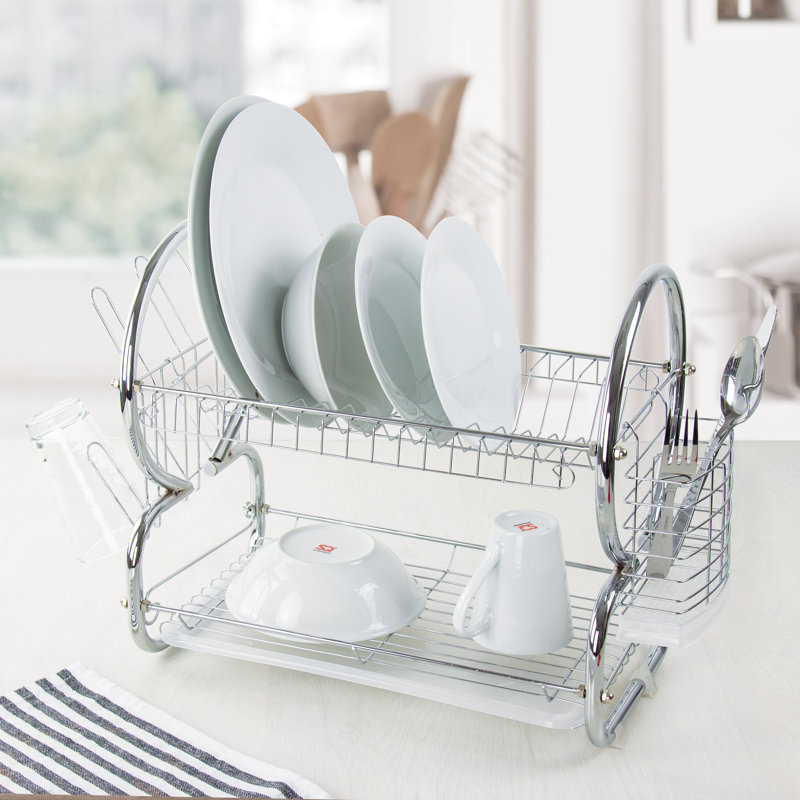 SQ Professional Two-Tier Dish Rack with Drip Tray Rinse Basket, Chrome