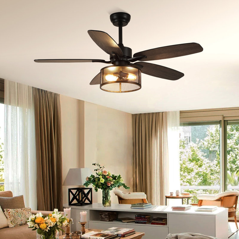 Farmhouse Ceiling Fan With Light And Remote,48" Black Industrial Caged Flush Mount Ceiling Fans For Bedroom (Bulbs not Included)