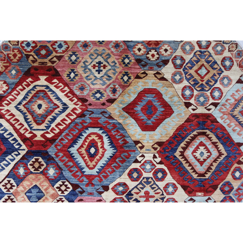 High-Quality Hand-Knotted Red And Navy Area Rug