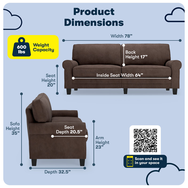 Serta Copenhagen 78" Rolled Arm Sofa, Easy Care Fabric, Soft Pillow Back, Pocket Coil Seat Cushions, Dark Brown Microsuede