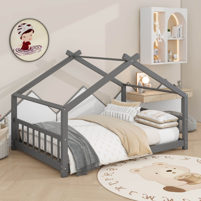 Lit en bois House House, Simple, gris