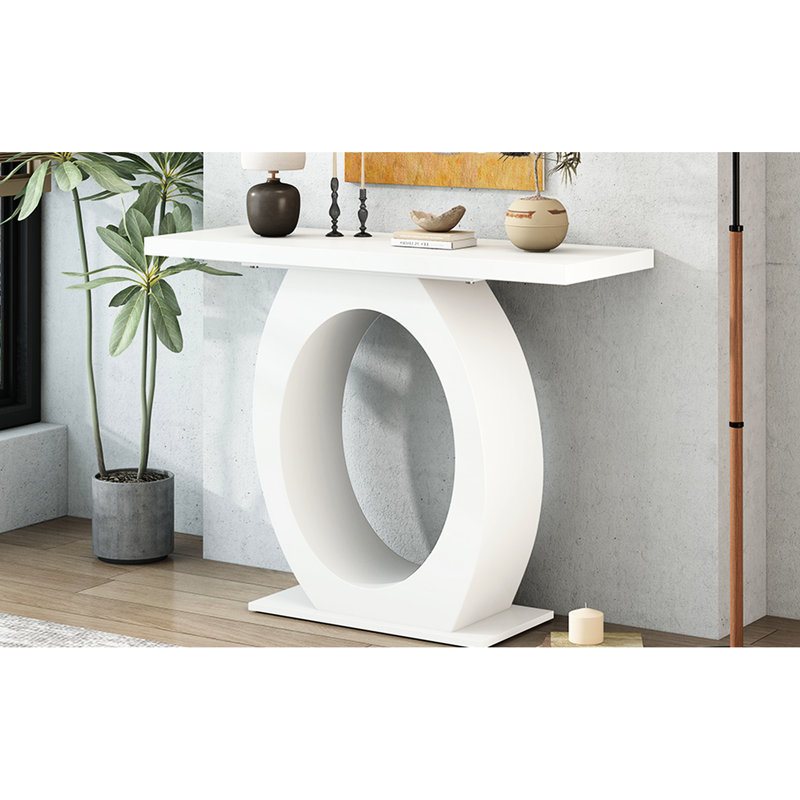 Table console chic en forme d'œuf. Beige. Profondeur : 102,4 cm, largeur : 38,7 cm, hauteur : 82 cm. Charge maximale : 100 kg. Meuble d'appoint tendance pour la chambre. Dimensions : profondeur, largeur et hauteur.