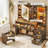 Vanity Desk with LED Mirror & RGB Jewelry Cabinet, Makeup Table with 5 Drawers, Charging Station & Storage Stool, Farmhouse Dressing Table for Bedroom-1412352775