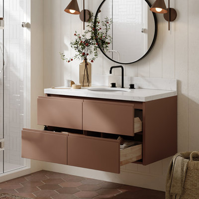   Ensemble de meuble-lavabo mural ovale simple 42 po avec comptoir en quartz Carrara de 1,5 po Ensuko