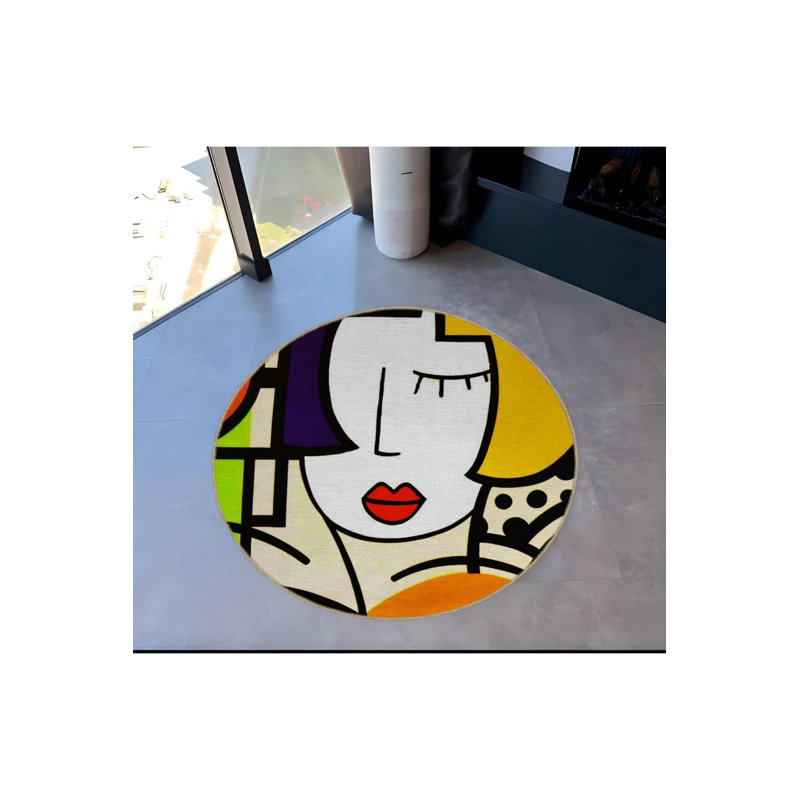Multicolored Abstract Portrait Face Patterned Round Woven Base Modern Decorative Carpet, Round 3'4"