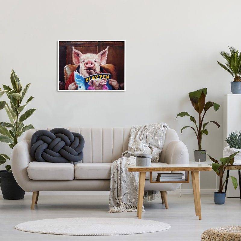 Drôle de cochon «Man Cave» - Peinture, H 24 po x l 30 po x P 1,5 po, Giclée encadrée blanc bord de mer