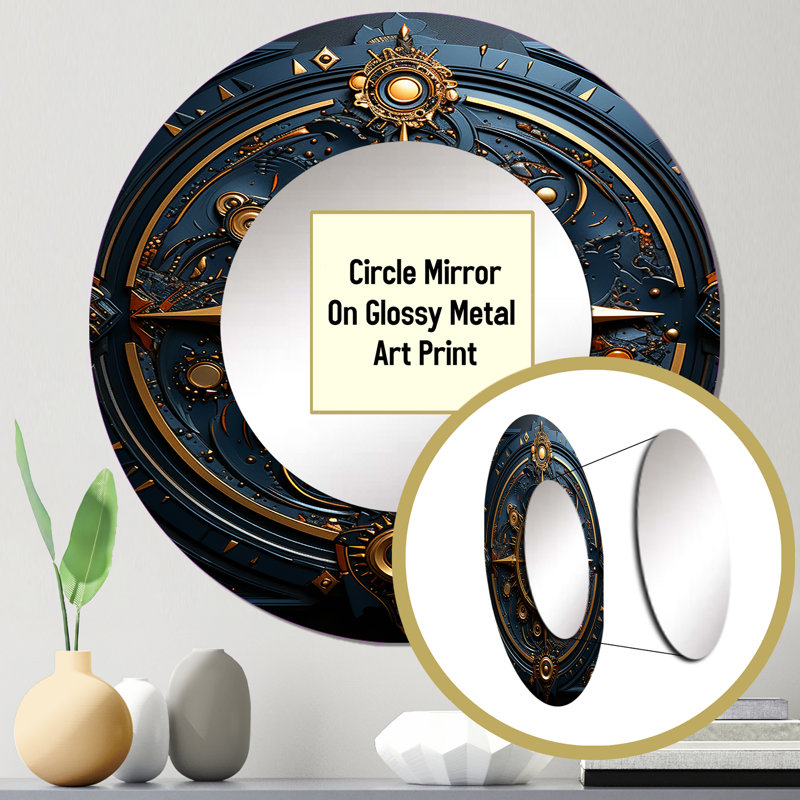 Ancient Compass Geometric In Gold And Blue Metal Round Mirror
