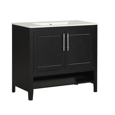 Meuble-lavabo 36 po avec lavabo, armoire de salle de bain multifonctionnelle avec portes et tiroirs, structure en panneau de fibres à densité moyenne et panneau de fibres à densité moyenne