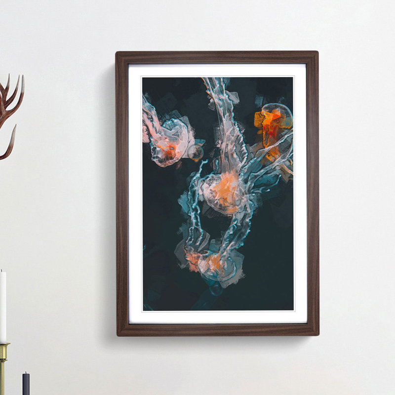 Peach Jellyfish in Abstract - Framed Print, 65cm H x 48cm W x 2cm D, Walnut Framed