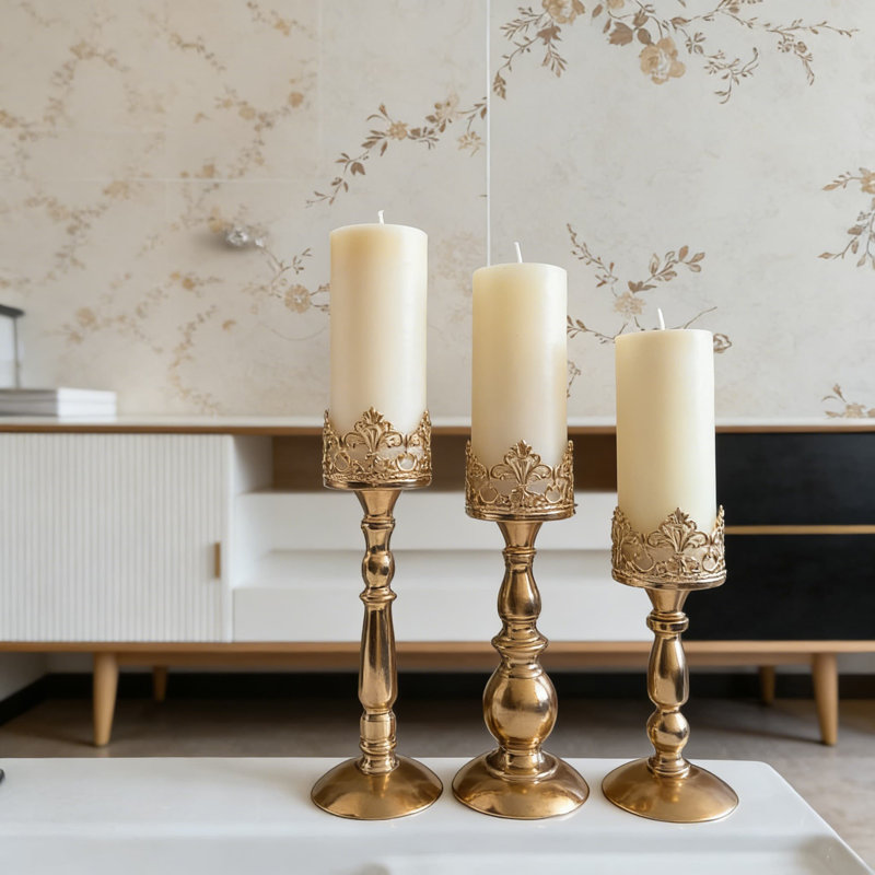 Vintage Gold Candle Holders Set Of 3 - Tall Decorative Pillar Candle Stand For Table Centerpieces, Home Decor, Weddings And Events