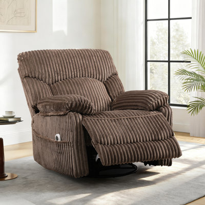 Modern Corduroy Upholstered Recliner Heated Massage Swivel Rocker Recliner With Charging Ports, Brown 