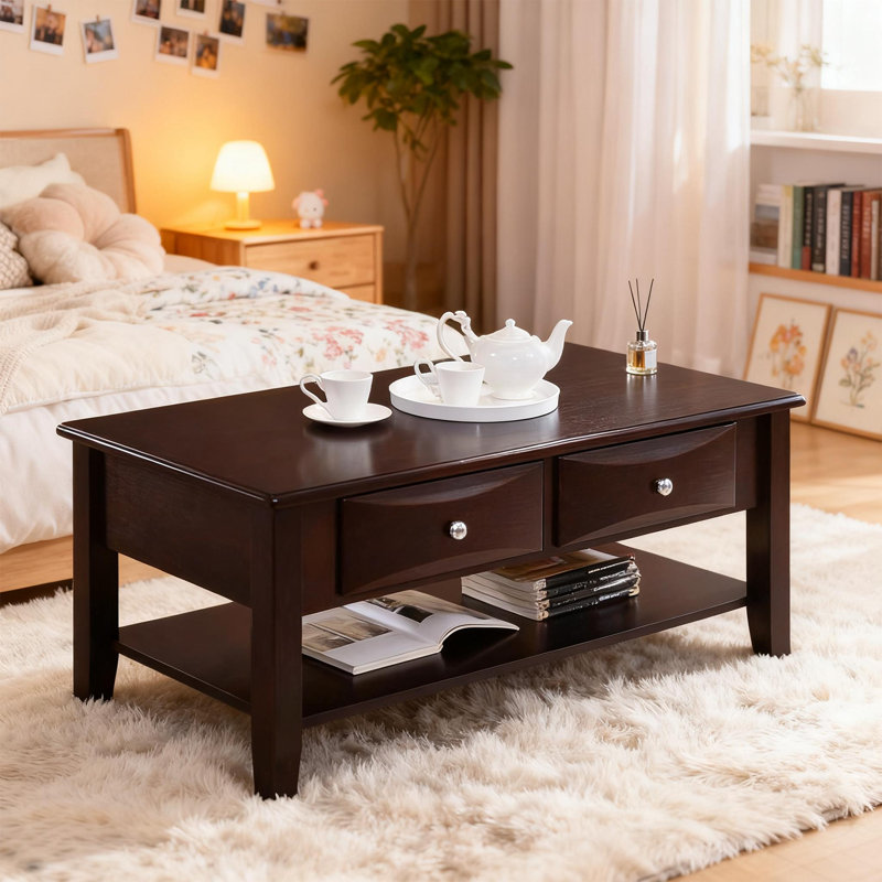 Table basse moderne avec tiroir et tablette inférieure, grande console de rangement de 47 pouces avec plateau en placage Ogumi