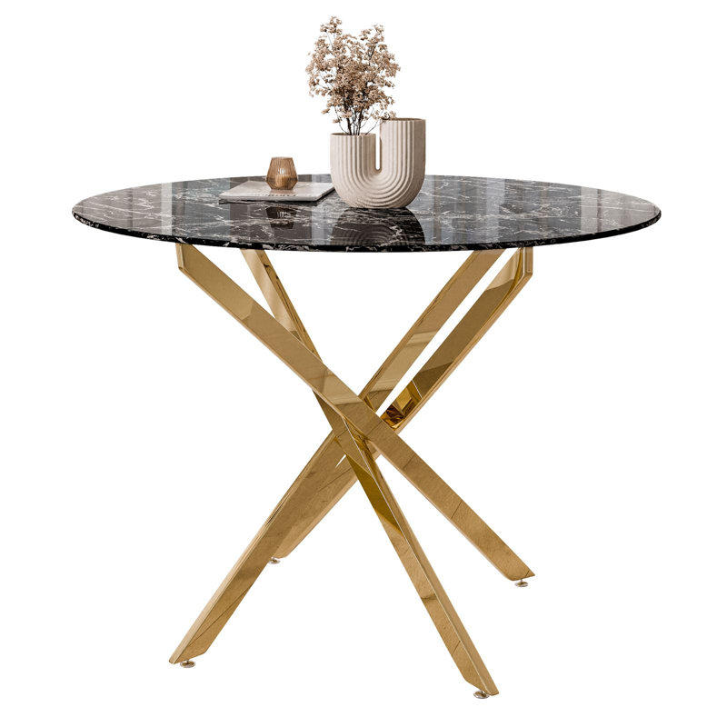 Chatalina Round Glass Top Dining Table, Black Marble