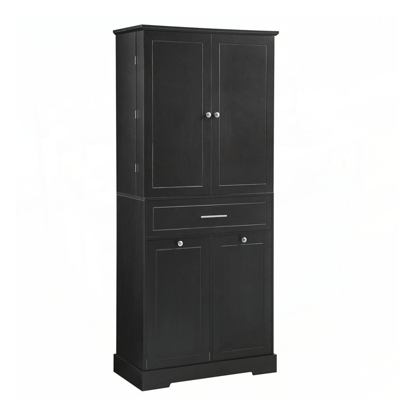 Armoire de rangement pour salle de bain avec panier à linge inclinable, tablette réglable, compartiments multiples, conception autoportante pour une organisation efficace