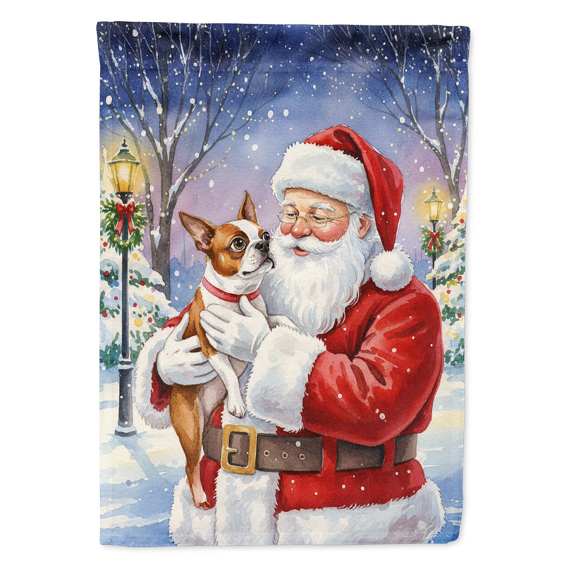 Red terrier de Boston avec le drapeau de la maison du père Noël, Taille de la maison, Boston Terrier rouge