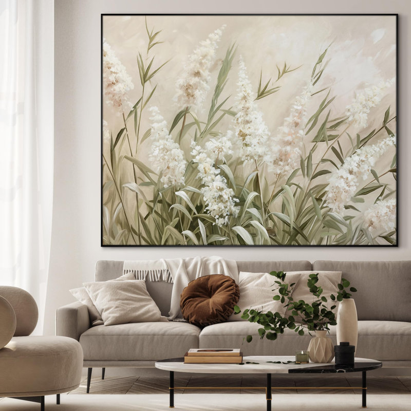 Très grand art mural imprimé sur toile - Herbes neutres et fleurs blanches, décoration pour le salon ou la chambre à coucher - «Assemblage requis du cadre (cadre non fini)»