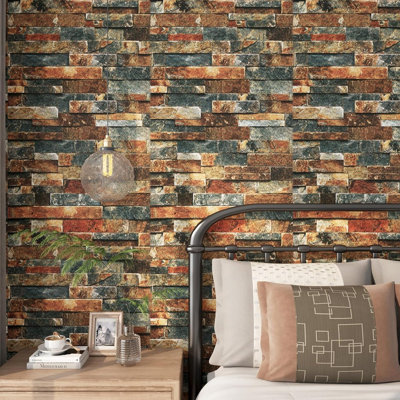 Vintage Faux Brick Wallpaper Peel And Stick, 3d Textured Brown Red Blue Brick Wall Paper, Self Adhesive Waterproof Brick Contact Paper For Kitchen, Bedroom, Fireplace, Accent Walls And Home Decor